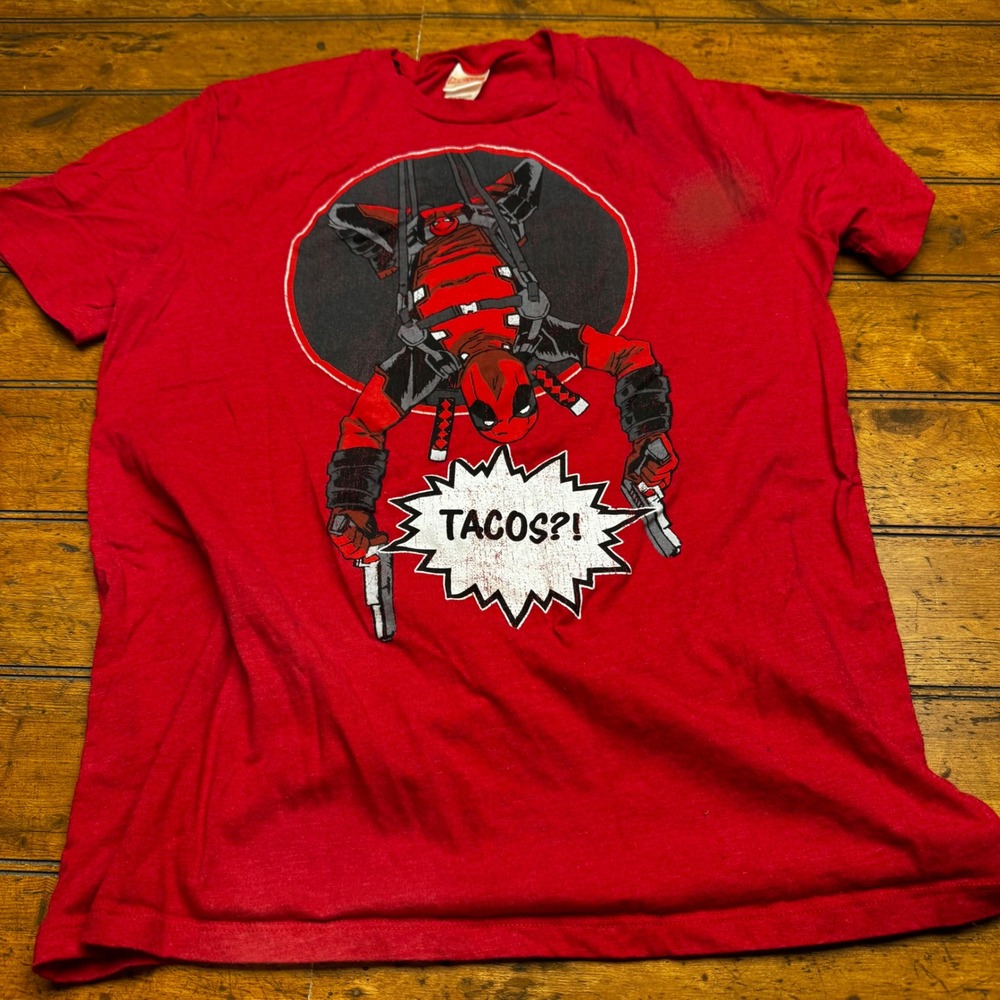 Marvel Deadpool Tacos Graphic Tee Mens Large Red Short Sleeve Shirt‎
